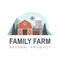 Family Farm label. Building with fir tree, mountains on white.