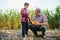 Family farming. Farmers grandfather with little grandson in a corn field. experienced grandfather explains grandson the nature of