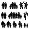 Family of fat obese overweight people standing together stick figure pictogram icons.