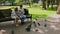 Family feeds pigeons at the park bench.