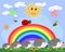 A family of five cute cartoon hedgehogs and a ladybird on a seven-color rainbow on a spring, summer day.