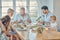 Family, food and children with grandparents, parents and grandkids around a dining room table together for lunch. Love