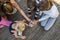 Family with four kids with their pet rabbit