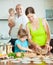 Family of four making russian dumplings (pelmeni) together