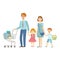 Family Of Four Members Shopping In Supermarket, Illustration From Happy Loving Families Series