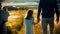 Family of four members walking down to the wheat field