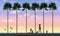 A family of four with their dog explore a tropical beach just before sunset