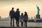 Family of four watching Statue of Liberty in New York City, USA, A family of immigrants looking at the Statue of Liberty, AI
