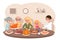 Family friends eat meal pie turkey pumpkin thanksgiving celebration flat design vector illustration