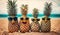 Family of funny attractive pineapples in stylish sunglasses on the sand against turquoise sea. Tropical summer vacation concept.