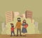 Family in gas masks on smog city background. Environmental problems, air pollution. Flat vector illustration.