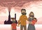 Family in gas masks on smoking inustrial chimney background. Environmental problems, air pollution. Flat vector