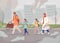 Family getting out of war-torn city flat color vector illustration