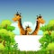 Family of giraffe cartoon with blank sign and forest background