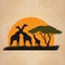 Family giraffe on meadow in african and sun retro vector art design