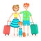 Family goes on vacation, flat colorful drawing. Cartoon character father, mother and child with suitcase on wheels go to in trip