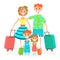 Family goes on vacation, flat colorful drawing. Cartoon character father, mother and children with suitcase on wheels go to in