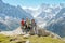 Family (grandfather, father and two boys) rest on summer mountain