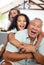 Family, grandpa portrait and home with happy game, bonding and care with grandfather, excited and child. Love, play and