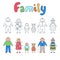 Family: grandparents, parents and children. Set of elements in doodle and cartoon style.