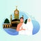 Family Hajj and Umrah Prayers near the Kaaba vector illustration template