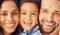 Family, happy and smile with healthy teeth together in zoom of portrait for mouth care. Black woman, man and child show