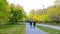 Family have rest walking along yellow birch park track