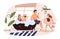 Family having fun taking bath together vector flat illustration. Mother, father and children blowing soap bubble