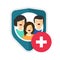 Family health insurance vector shield or medical life health care private protection guard flat cartoon icon sign
