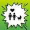 Family with heart. Husband, wife with baby. Black Icon on white popart Splash at green background with white spots. Illustration