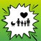 Family with heart. Husband, wife with baby and childrens. Black Icon on white popart Splash at green background with white spots.