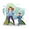 Family Hike. Isolated flat style colored illustration. School lessons. Hike in the forest dad and son.