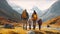 Family hikers with backpacks walking in the mountains. Traveling with kids concept. Generative AI