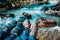 Family hiking boots. tourists rest in nature hike near waterfall