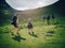 Family hiking in the mountains. A young happy mother and her son take a hike together in the mountains on a beautiful