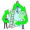 Family holding big green sign of recycle with planet earth vector illustration sketch doodle hand drawn with black lines isolated