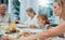 Family, holding hands or praying to God for food with mother, grandparents or girl child ready for dinner meal