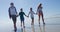 Family holding hands while walking on shore at beach