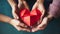 Family holding small red heart in hands on color background foster care, homeless support, world mental health day, AI-generated