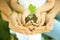 Family holding soil with green plant in hands. Volunteer community