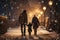 Family holds their child\\\'s hands while mom and dad walk with them along the snowy