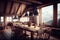 family holiday in mountains interior with big dining table on chalet