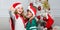 Family holiday tradition. Children cheerful celebrate christmas. Kids christmas costumes santa and elf. Winter