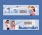 Family holidays banner, vector illustration. Young couple romantic journey, sightseeing tour around Europe. Travel