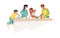 Family at home. Mother and father with children cooking breakfast together. Cartoon people preparing cereals in kitchen