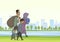 Family homeless or refugees, a man and a woman with children in the big city. Vector illustration with copyspace.