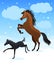 Family of horses. Mare and foal in winter. Vector flat illustration.