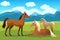 Family of horses in the pasture. Background with mountains in the background. Vector flat illustration