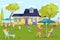 Family house, happy people at home yard vector illustration. Father mother child at summer vacation near building