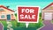 family house for sale or rent illustration. red cartoon lettering sign. countryside village landscape nature